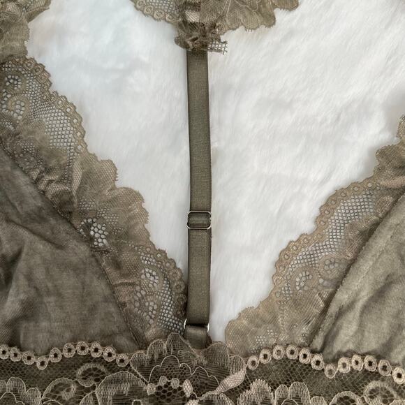 POL Bralette Olive Green Deep Plunge V Neck Triangle Cups Racerback Lace Sheer - Picture 7 of 7